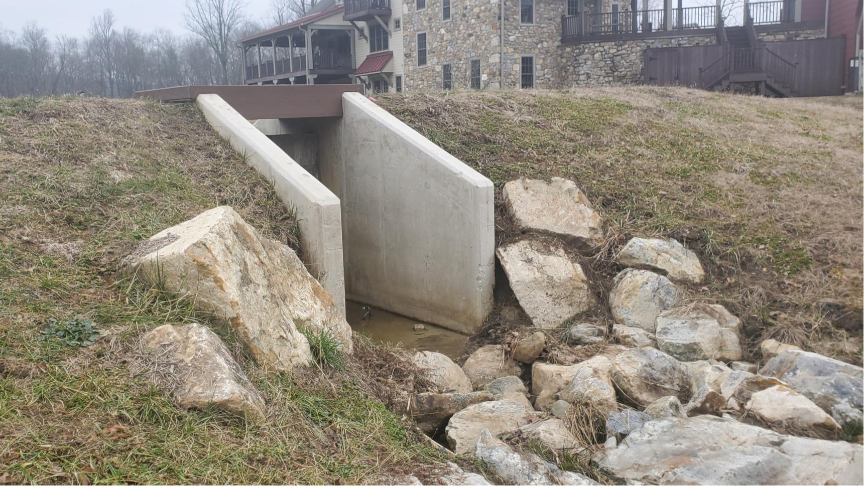 Concrete spillway weir and ballast drainage way for recreational pond in Wallace Township, Chester County, PA. Alta provided Civil Engineering & Land Development, Land Survey, Permitting, and Construction Inspection & Testing services for this project. Concept and construction by PondWorks.