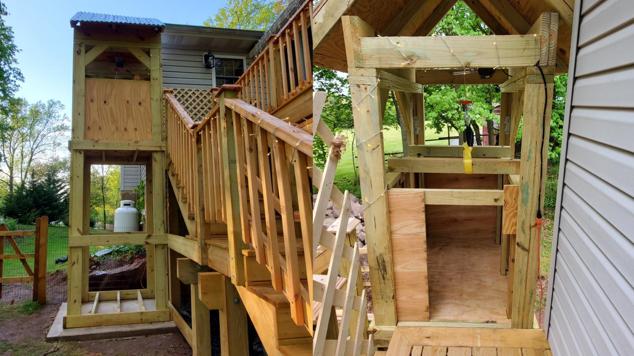 Side and top entry/exit of Custom pet elevator constructed for tripawd canine in East Coventry Township, Chester County, PA.